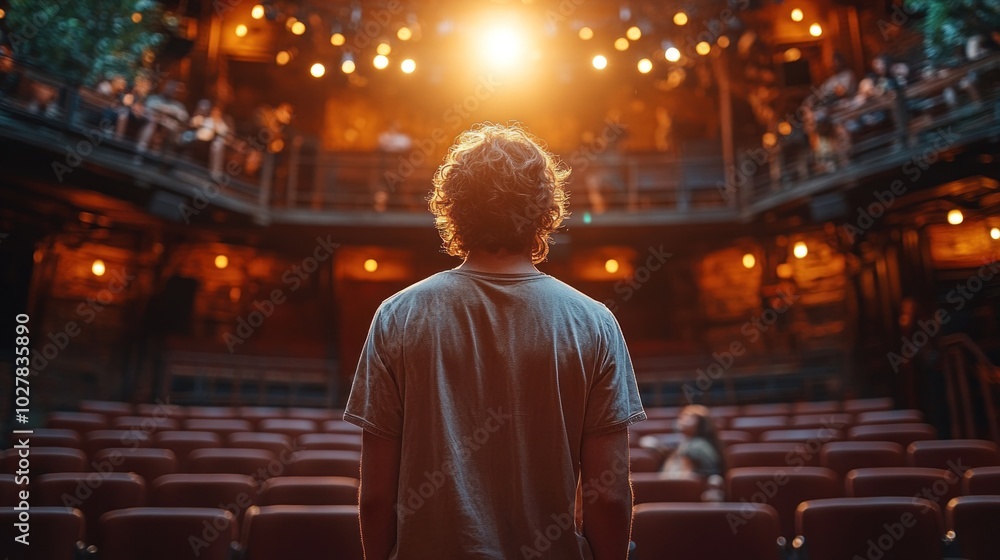 Obraz premium A lone individual stands in an old theater, staring up at the brightly lit stage where performers would soon captivate the audience. The atmosphere is filled with anticipation and warmth