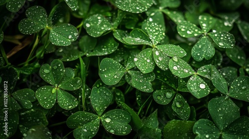 Dew-covered Clover Leaves in a Lush Green Meadow