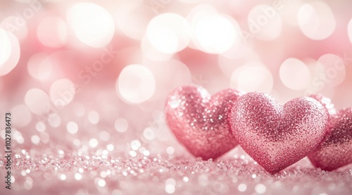 Many small hearts in pink and red colors, the background is blurred, a Valentine's Day theme