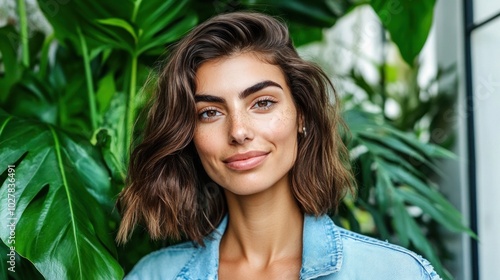 A young woman with wavy hair stands amidst a rich collection of indoor plants, showcasing her natural beauty and calm demeanor while enjoying a sunny day inside a botanical paradise