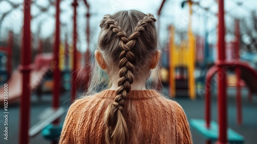 A young girl with a distinctive V-braid hairstyle is captured from behind, exploring a colorful playground, evoking imagination and carefree childhood joy. photo