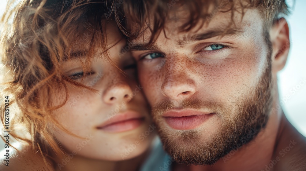 An intimate close-up of a freckled couple, with their faces gently touching, exuding warmth and the comfort of love, set against a soft-focus background enhancing intimacy. An intimate close-up of a freckled couple, with their faces gently touching, exuding warmth and the comfort of love, set against a soft-focus background enhancing intimacy.
