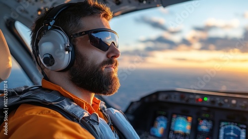 A pilot wearing sunglasses sits confidently in the cockpit, managing flight instruments while the sun sets, casting a warm glow across the sky