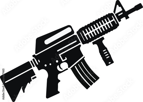 Graphic black detailed silhouette pistols, guns, rifles, submachines, revolvers and shotguns. Isolated on white background