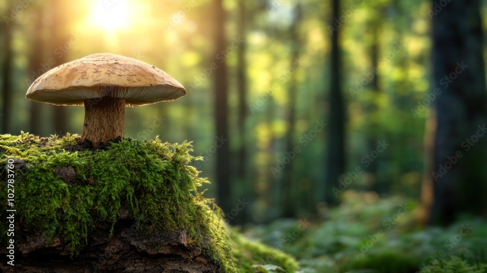 Fototapeta premium A solitary mushroom stands on a moss-covered log, illuminated by soft sunlight filtering through trees in a tranquil forest during early morning hours