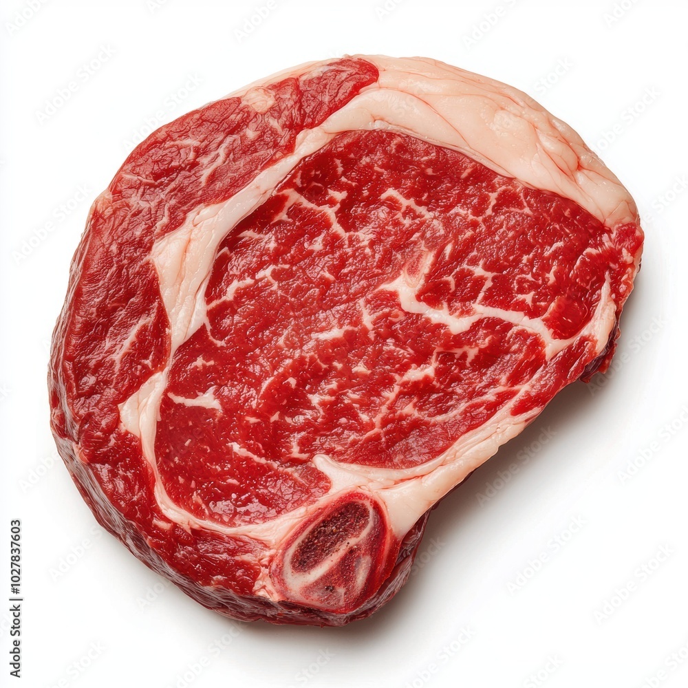Juicy raw ribeye steak on a white isolated background Juicy raw ribeye steak on a white isolated background