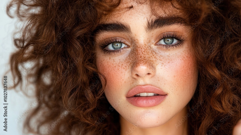 A young woman with striking blue eyes and curly hair exudes confidence as she poses with a soft expression, highlighting her freckles against a minimalist backdrop A young woman with striking blue eyes and curly hair exudes confidence as she poses with a soft expression, highlighting her freckles against a minimalist backdrop