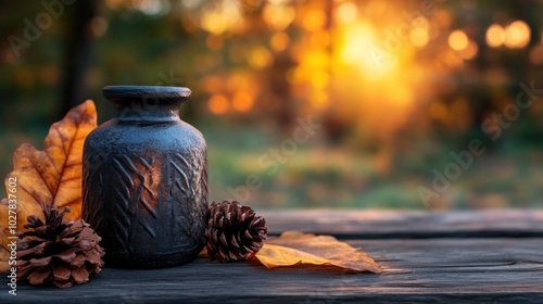 A rustic vase sits on a weathered wooden table amidst fallen autumn leaves and pinecones while the warm glow of the setting sun casts a golden hue over the tranquil scene
