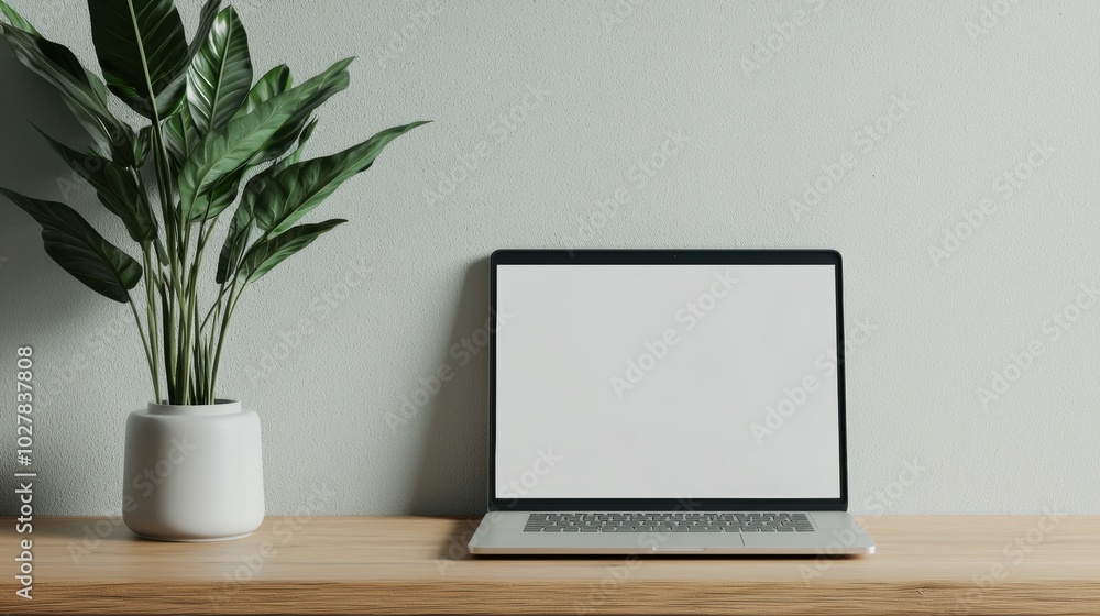Laptop and plant on wooden desk, minimalist style. Laptop and plant on wooden desk, minimalist style.