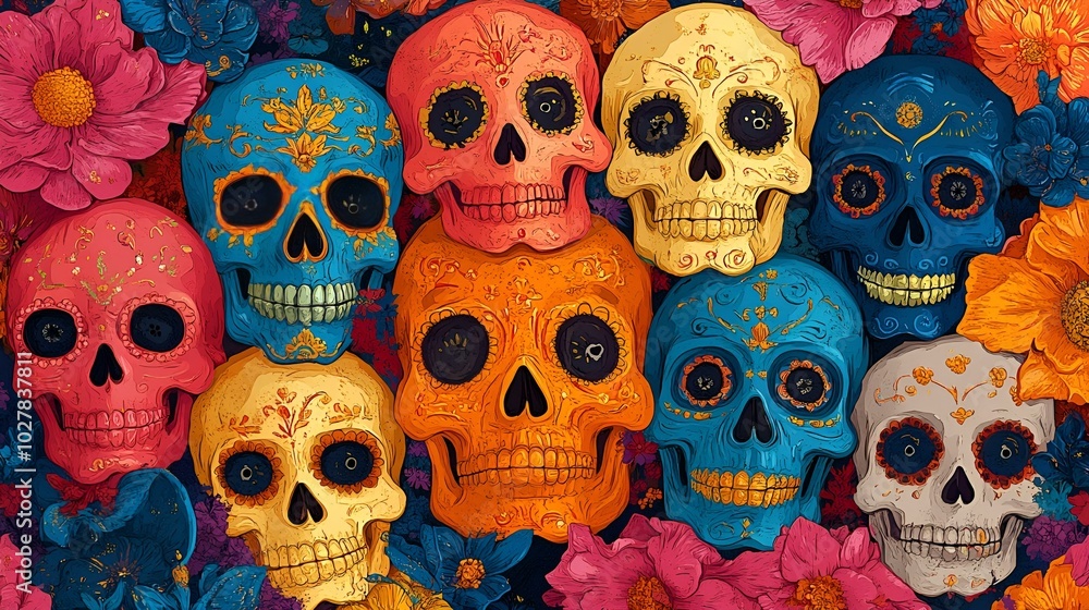 Vibrant Group of Colorful Skulls. Vibrant Group of Colorful Skulls.