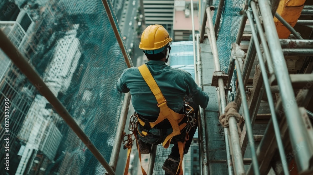 Construction worker secured with safety harness and helmet, working from a high scaffolding with safety nets and barriers in place Construction worker secured with safety harness and helmet, working from a high scaffolding with safety nets and barriers in place