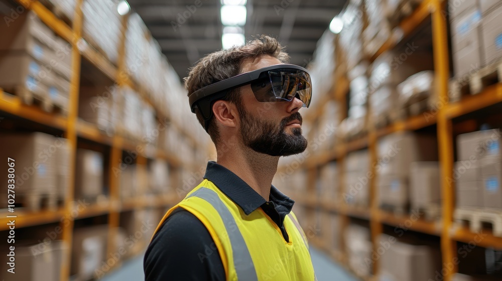 Man wearing smart glasses in warehouse setting Man wearing smart glasses in warehouse setting