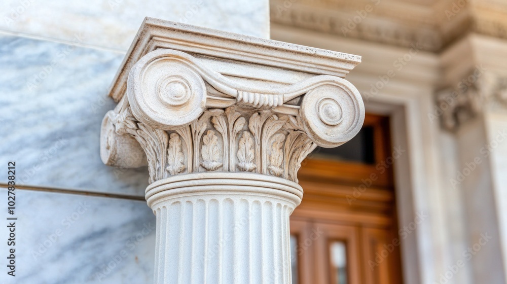 Obraz premium The close-up view highlights an ornate Corinthian column, showcasing intricate carvings and architectural elegance near a wooden entrance of a historic structure