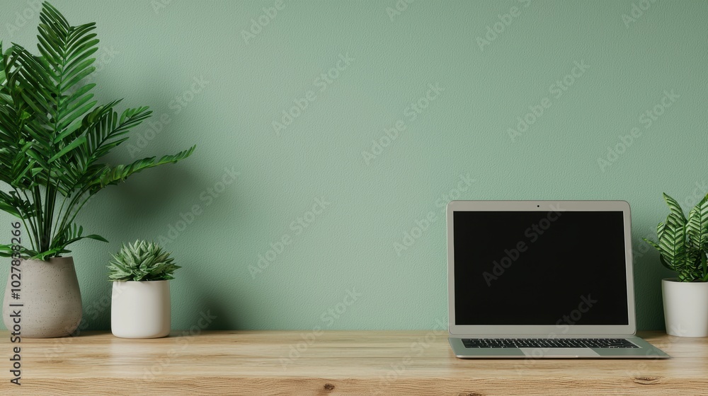 Minimalist home office with laptop and plants Minimalist home office with laptop and plants