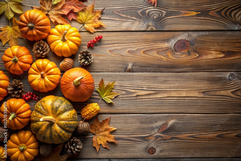 A wooden table with a variety of fall fruits and vegetables, including pumpkins A wooden table with a variety of fall fruits and vegetables, including pumpkins