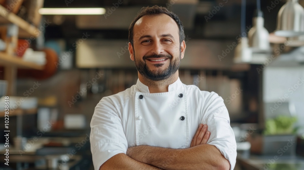 The chef stands with arms crossed, exuding confidence in a bright, contemporary kitchen filled with cooking tools and ingredients, ready to create delicious dishes The chef stands with arms crossed, exuding confidence in a bright, contemporary kitchen filled with cooking tools and ingredients, ready to create delicious dishes