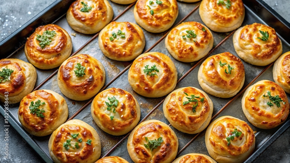 A high angle view of a delicious Turkish pastry pogaca with cheese filling freshly baked and arranged on an oven tray, oven tray, traditional, homemade, pogaca, food, pastry A high angle view of a delicious Turkish pastry pogaca with cheese filling freshly baked and arranged on an oven tray, oven tray, traditional, homemade, pogaca, food, pastry