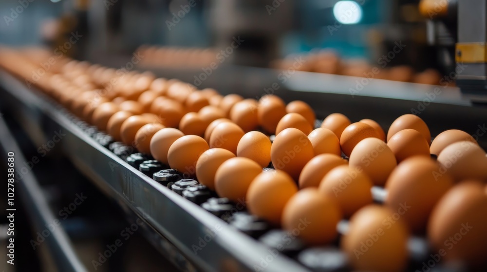 Fototapeta premium Eggs being transported on conveyor belts through an automated processing plant