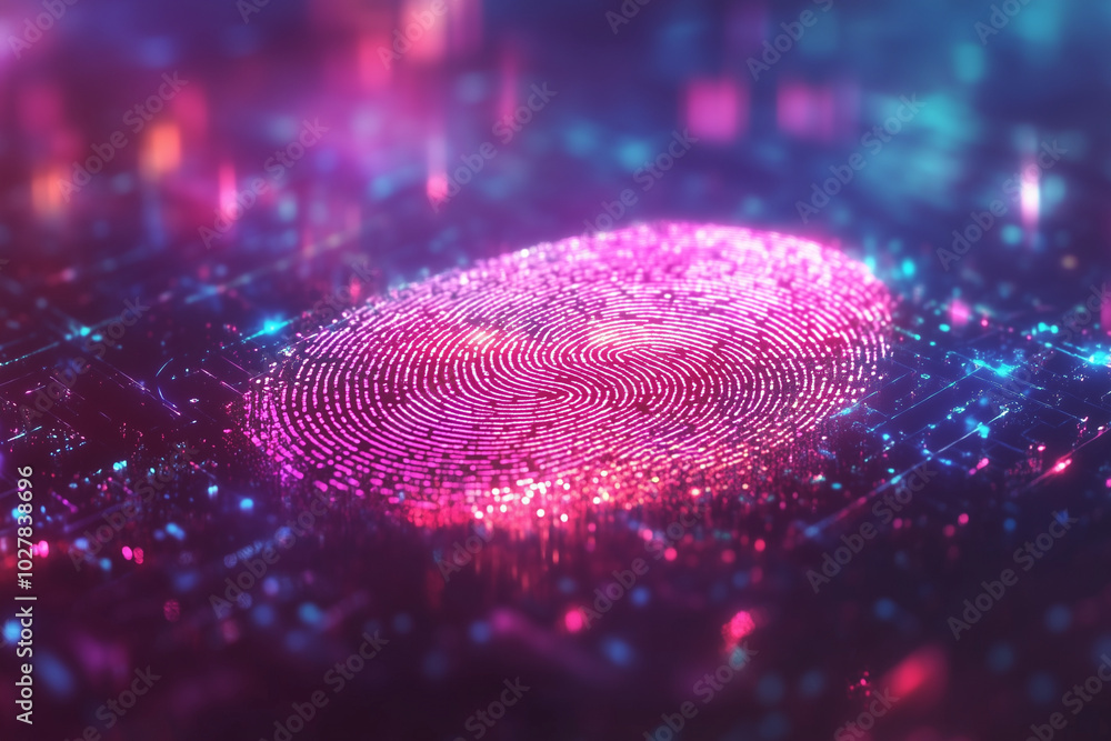 digital image of a fingerprint with a pink outline. The image is a representation of a fingerprint and is in a futuristic, colorful style digital image of a fingerprint with a pink outline. The image is a representation of a fingerprint and is in a futuristic, colorful style