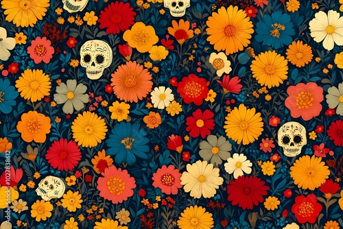 Colorful Flowers and Skulls in Bold Harmony.
 photo