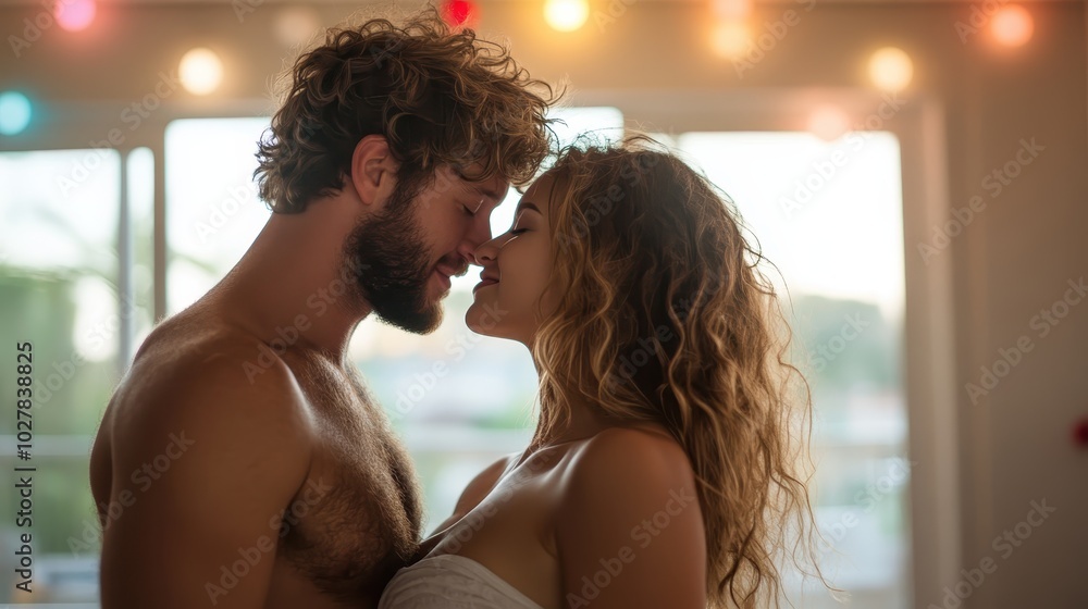 A couple stands intimately close, lighting up the scene with love and warmth, while colorful string lights add a romantic atmosphere to their moment. A couple stands intimately close, lighting up the scene with love and warmth, while colorful string lights add a romantic atmosphere to their moment.