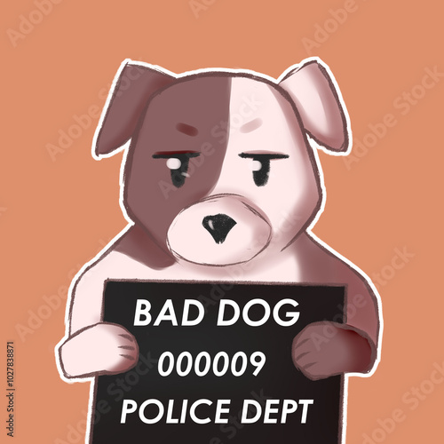 Dog with number “bad dog”, police, isolated dog on orange background