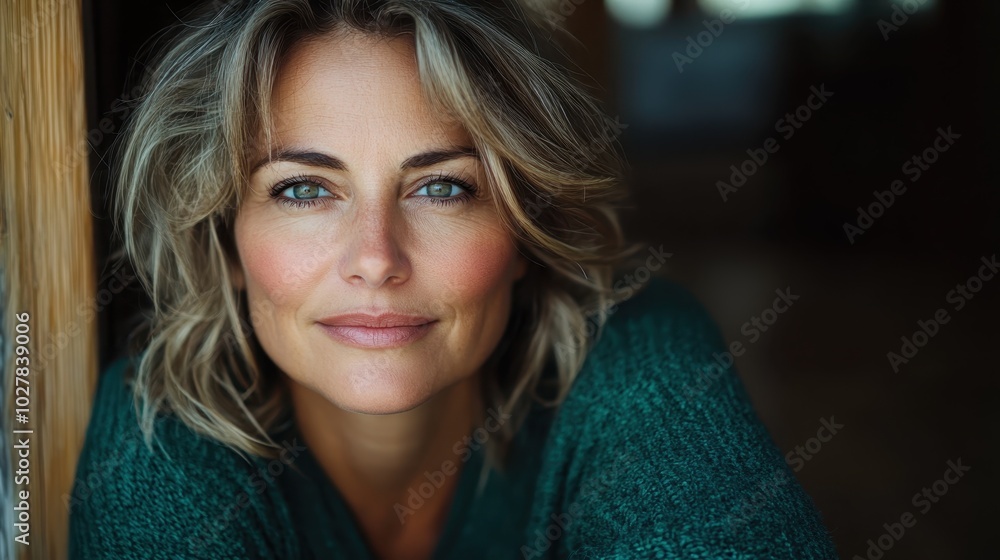 A woman in a textured green sweater poses strongly, her expression exuding confidence and elegance, enriched by fine detail and natural light in a poised setting. A woman in a textured green sweater poses strongly, her expression exuding confidence and elegance, enriched by fine detail and natural light in a poised setting.