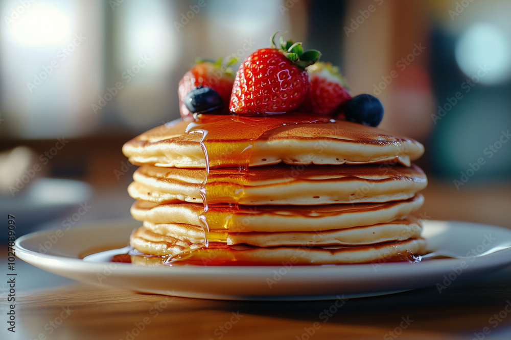 stack of pancakes with syrup and strawberries on top. The pancakes are piled high and the syrup is dripping down the sides. Concept of indulgence and satisfaction, as the pancakes look delicious