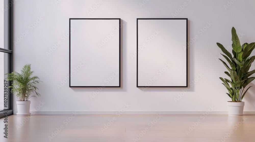 Modern interior with empty frames and plants Modern interior with empty frames and plants