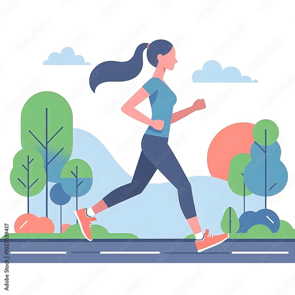 Woman Jogging in a Park, Flat Style Illustration on White Background Woman Jogging in a Park, Flat Style Illustration on White Background