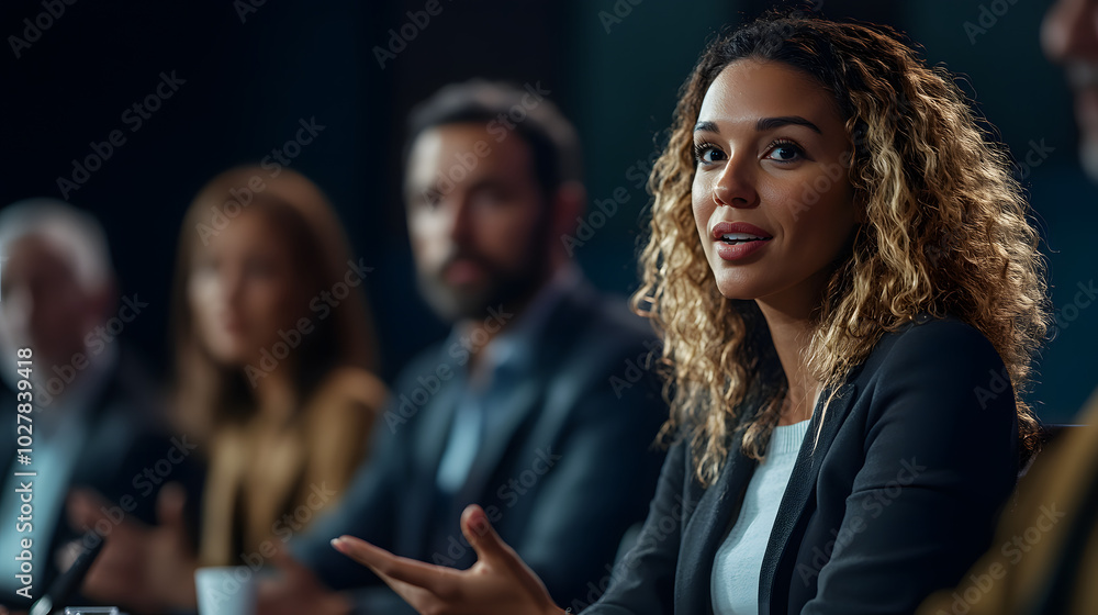 Obraz premium A female tech executive speaking at an industry panel sitting alongside other leaders confidently answering questions about innovation and future trends.