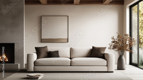 Modern living room with elegant sofa and natural light from the window.