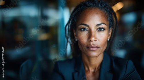 A woman in a black suit stands confidently in a modern office, symbolizing power, authority, and professionalism in a contemporary business setting.