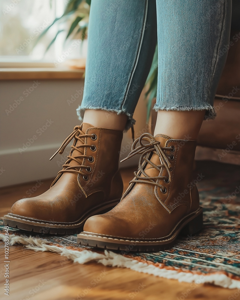 A pair of classic brown leather ankle high heels boots with sturdy laces, worn by a woman sitting on a cozy rug. 