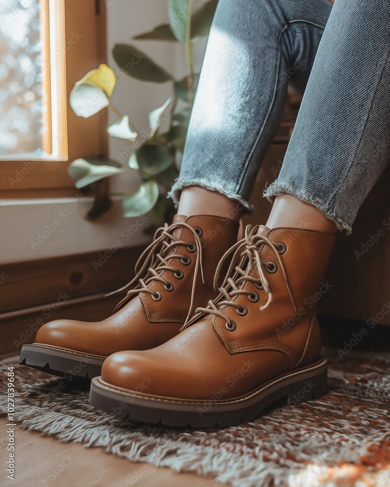 A pair of classic brown leather ankle high heels boots with sturdy laces, worn by a woman sitting on a cozy rug. A pair of classic brown leather ankle high heels boots with sturdy laces, worn by a woman sitting on a cozy rug.