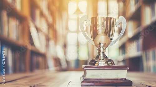 Prestigious literature award trophy on wooden table, symbolizing literary achievement and recognition, surrounded by blurred bookshelves.
