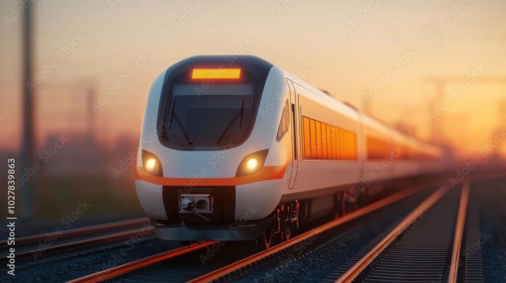 Naklejka premium Modern train on tracks at sunset