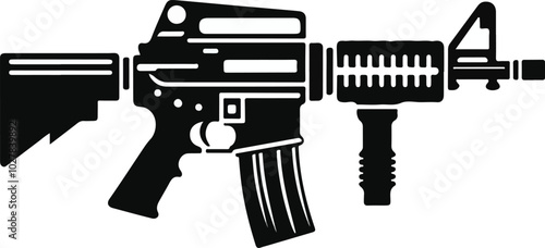 Graphic black detailed silhouette pistols, guns, rifles, submachines, revolvers and shotguns. Isolated on white background