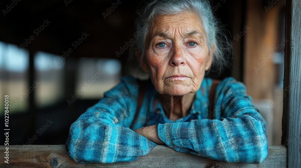 A somber elderly woman gazes pensively, resting her arms on a wooden beam in a barn, her plaid shirt complementing the rustic wooden backdrop of the old structure. A somber elderly woman gazes pensively, resting her arms on a wooden beam in a barn, her plaid shirt complementing the rustic wooden backdrop of the old structure.