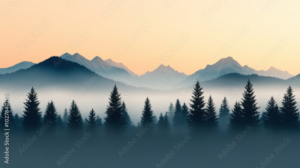Obraz premium Mountain landscape with misty forest backdrop