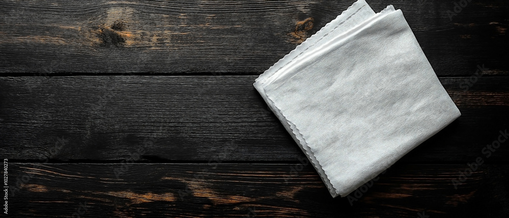 a clean white kitchen napkin, neatly folded and placed on a sleek black wooden table. a clean white kitchen napkin, neatly folded and placed on a sleek black wooden table.