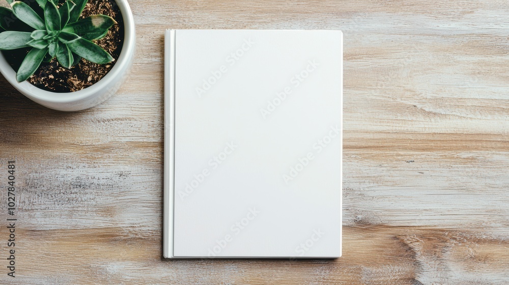 Notebook and plant on wooden table Notebook and plant on wooden table
