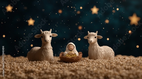 Nativity scene with figurines of sheep and baby, starry background, festive atmosphere. photo