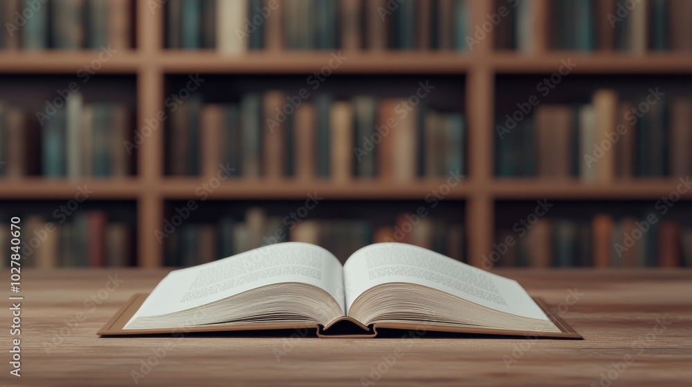 Open book on wooden table in library setting Open book on wooden table in library setting