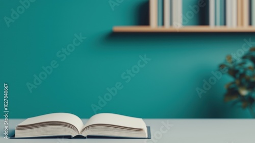 Open book on table with green background photo