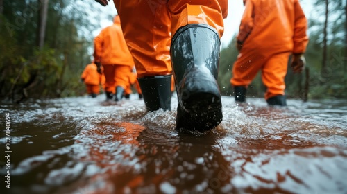 A team in orange protective suits and boots strides through high floodwaters in a forest swamp during a rescue or exploration mission, showcasing teamwork and resilience.