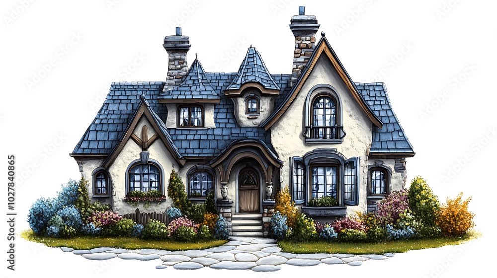 A large, ornate house with a dark blue roof, stone accents, and landscaping.
A large, ornate house with a dark blue roof, stone accents, and landscaping.