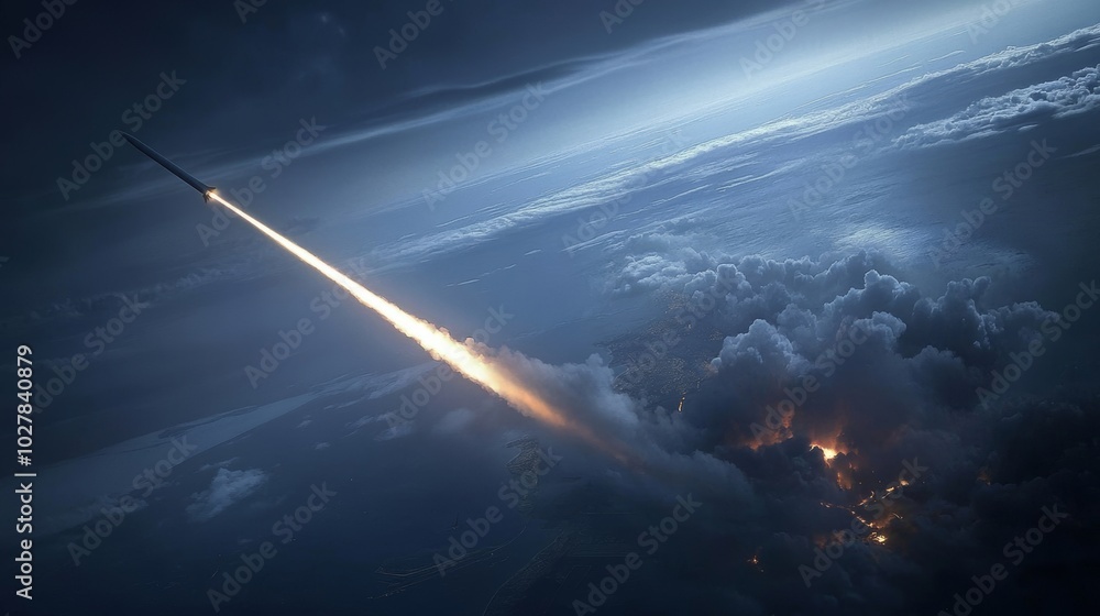 Obraz premium Precise Naval Missile Strike - Aerial view of a warship launching a missile towards a distant target, showcasing the accuracy and power of modern naval warfare.