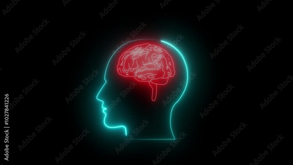 glowing Neon icon with silhouette man head gears. red brain icon animation, Mental health concept. Mental health concept. circuit brain animation. glowing Neon icon with silhouette man head gears. red brain icon animation, Mental health concept. Mental health concept. circuit brain animation.