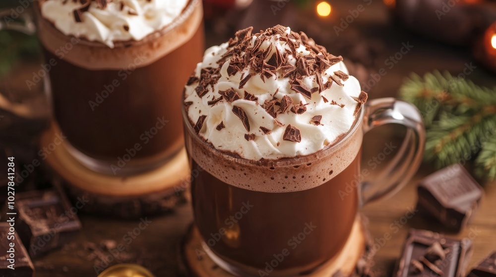 Hot chocolate topped with whipped cream and chocolate shavings, a decadent treat Hot chocolate topped with whipped cream and chocolate shavings, a decadent treat
